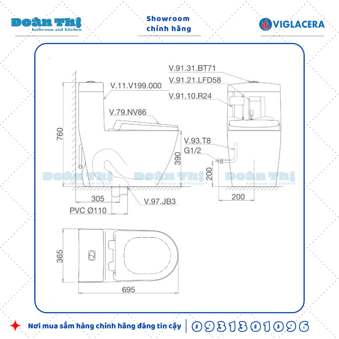Bản vẽ chi tiết bồn cầu 1 khối Viglacera V199