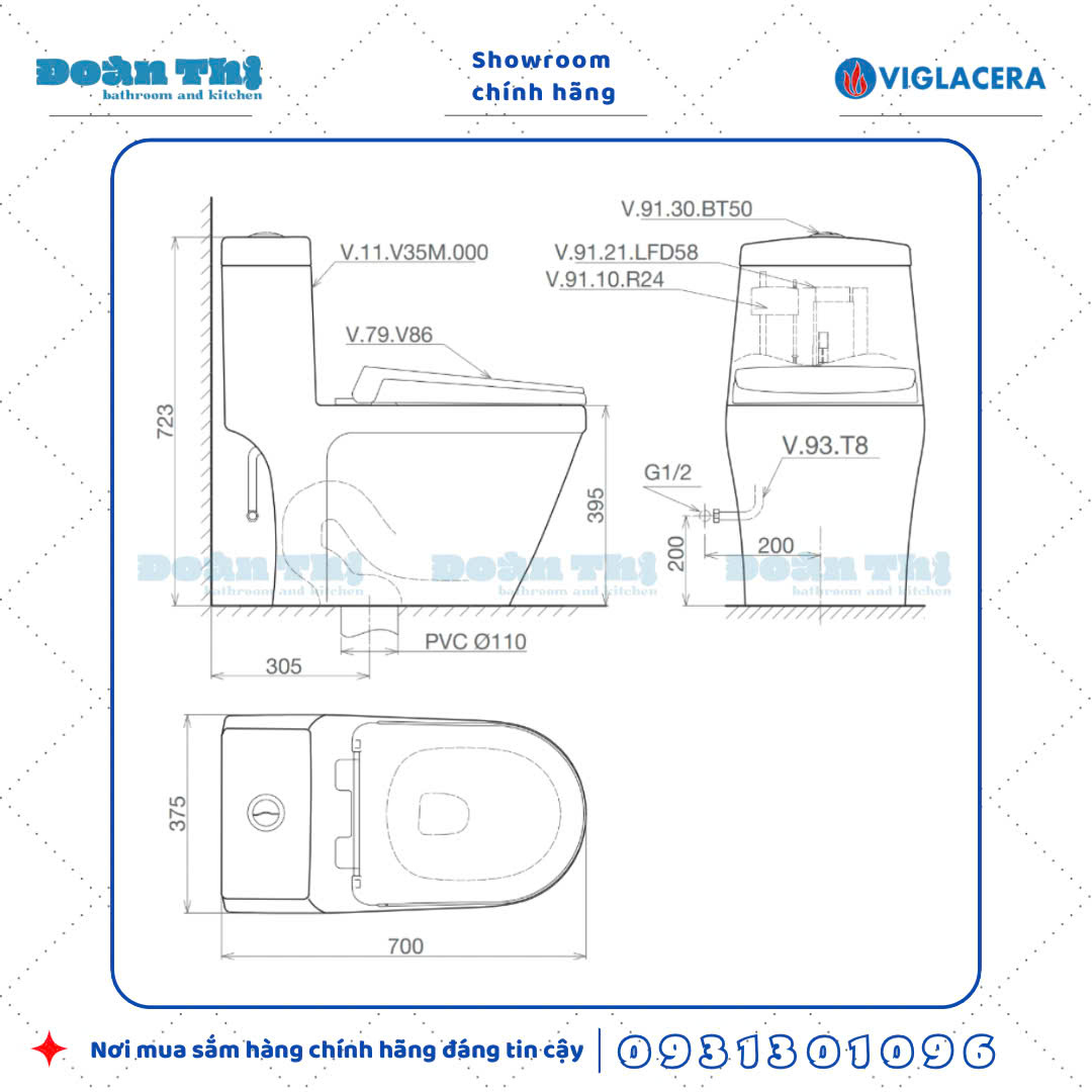 Bản vẽ chi tiết Bồn cầu 1 khối Viglacera V35M men Nano liền khối