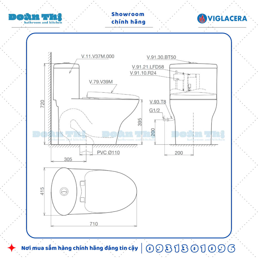 Bồn cầu 1 khối Viglacera V37M liền khối men Nano
