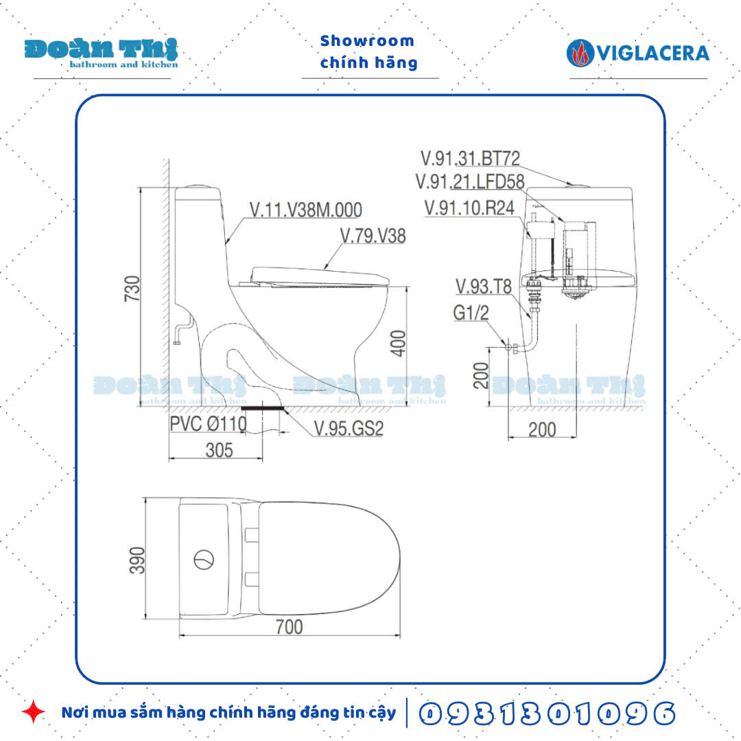 Bản vẽ chi tiết Bồn cầu 1 khối Viglacera V38M liền khối men Nano