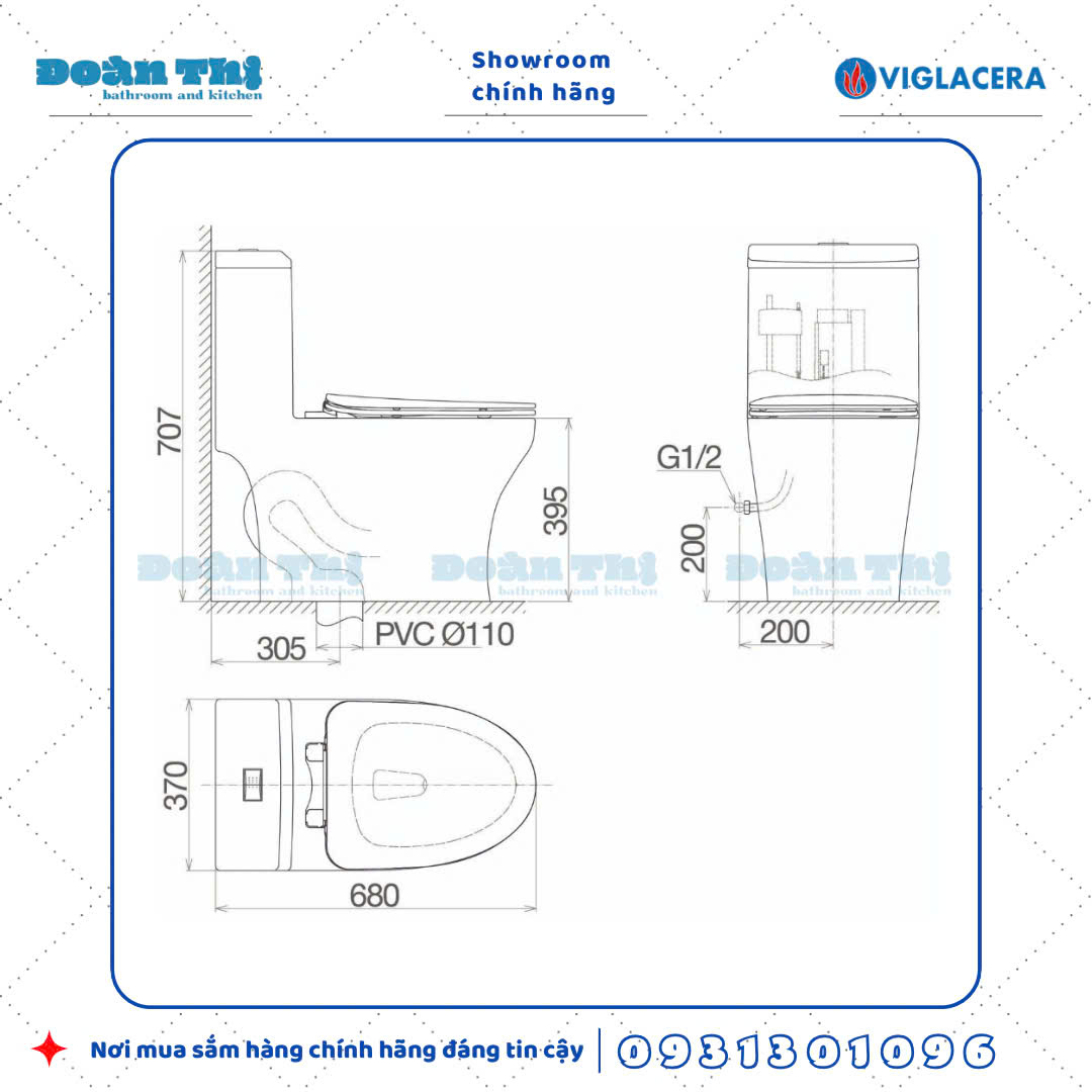 Bản vẽ chi tiết bồn cầu 1 khối Viglacera V45M men Nano liền khối