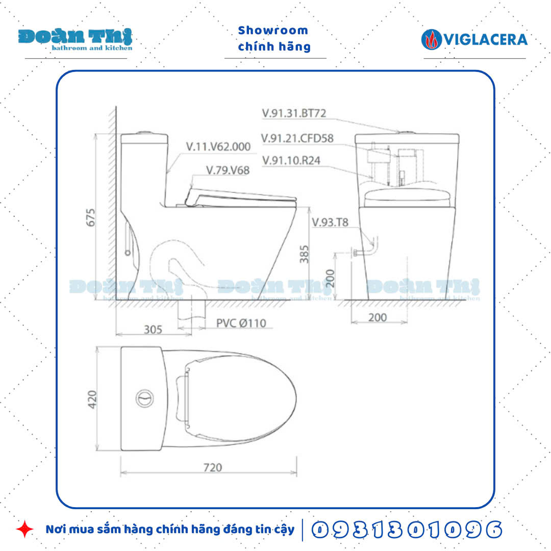 Bản vẽ chi tiết bồn cầu 1 khối Viglacera V62