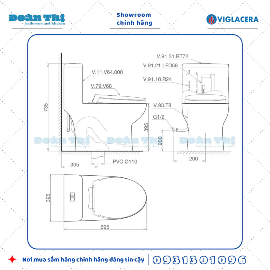 Bản vẽ chi tiết bồn cầu 1 khối Viglacera V64