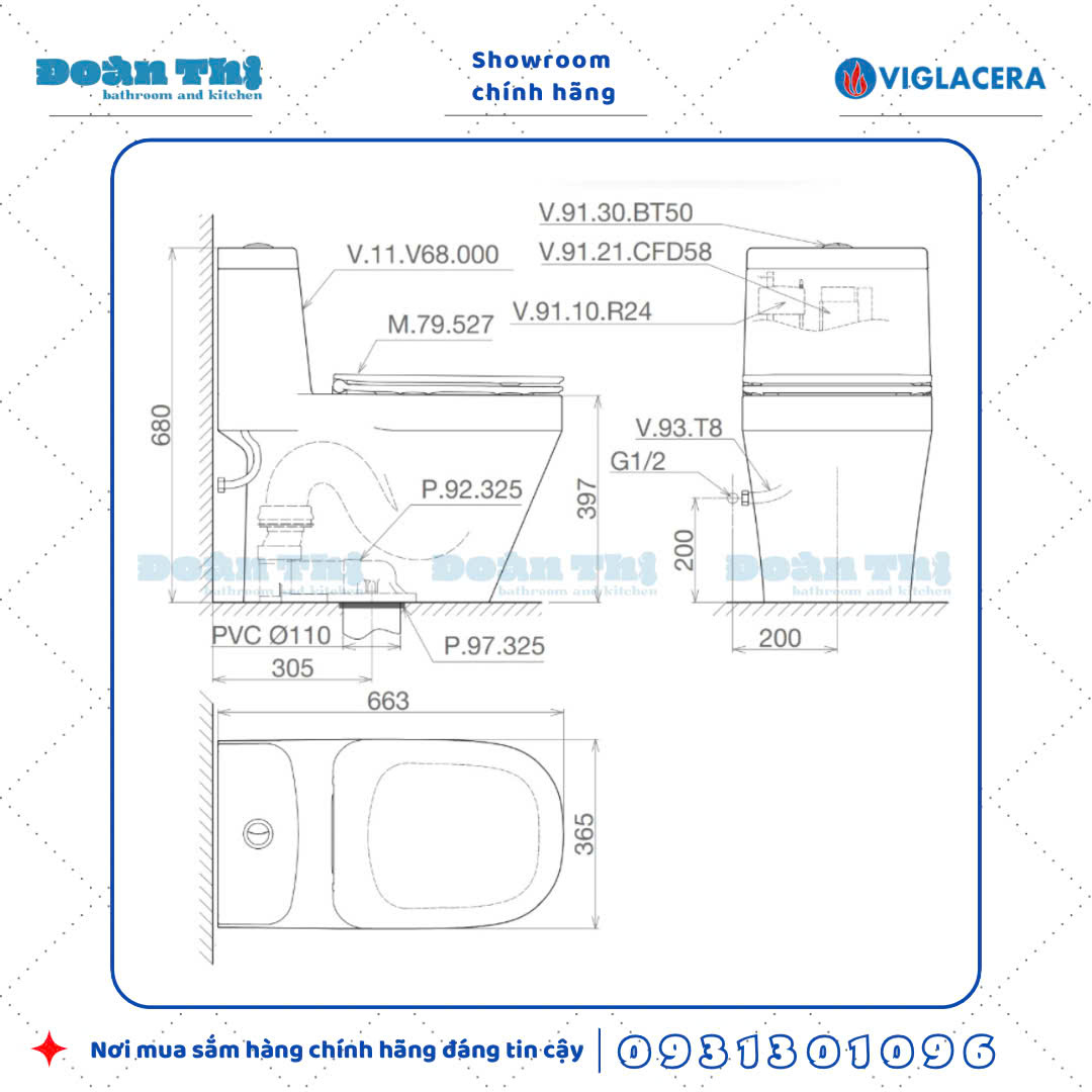 Bản vẽ chi tiết bồn cầu 1 khối Viglacera V68