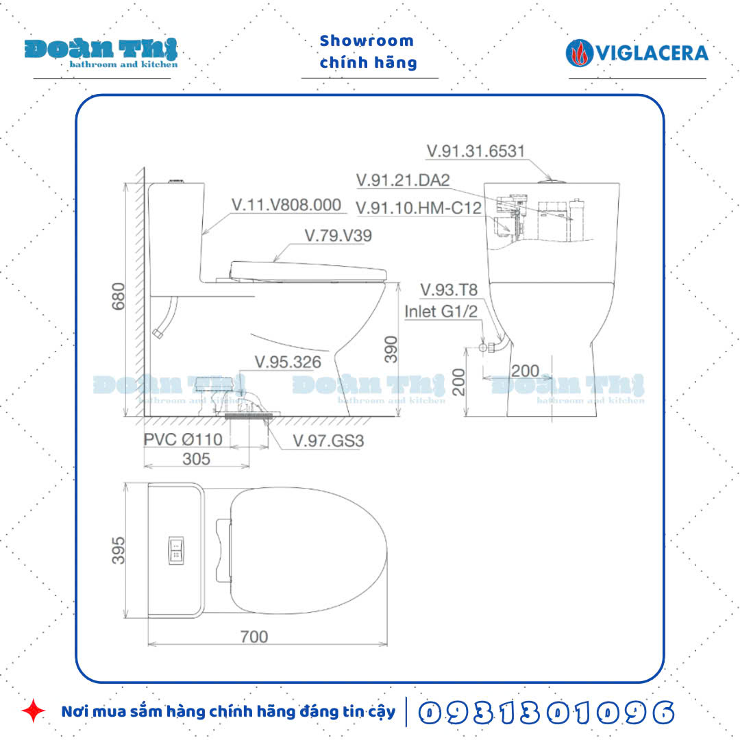 bản vẽ chi tiết bồn cầu 1 khối Viglacera V808
