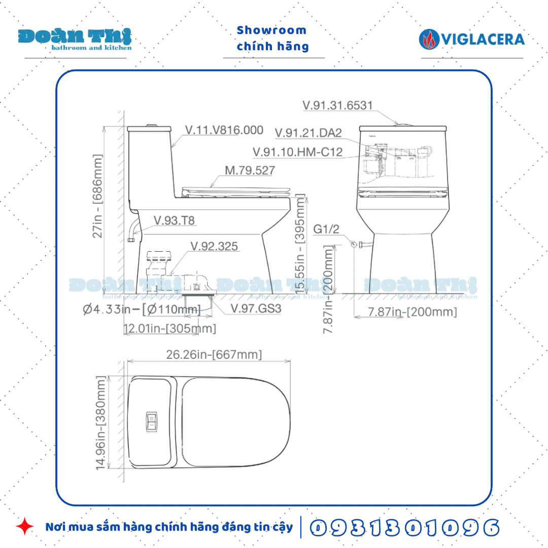Bản vẽ chi tiết Bồn cầu 1 khối Viglacera V816 thiết kế đáy kín men Nano