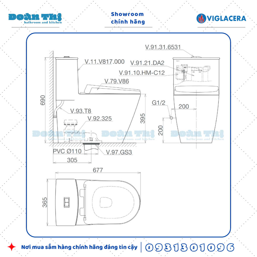 Bản vẽ chi tiết bồn cầu 1 khối Viglacera V817