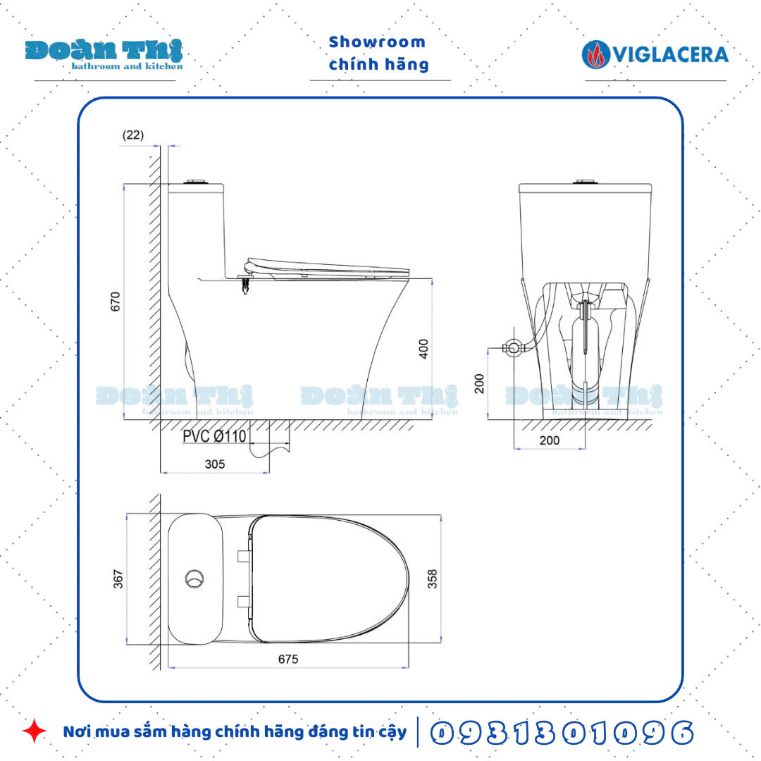 Bản vẽ chi tiết bồn cầu 1 khối Viglacera V829 xả Rimless đáy kín men Nano
